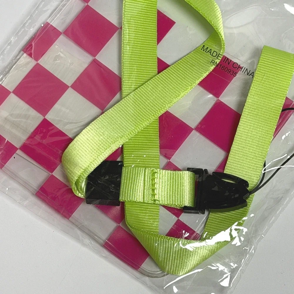 NYX Unisex Phone Pouch OS Green Pink Checkerboard Waterproof Lanyard